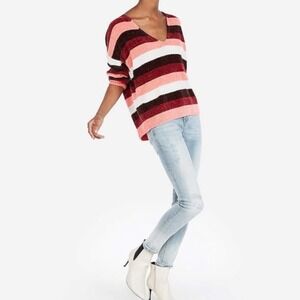 Express V-Neck Velvet Chenille Striped Knit Sweater Medium